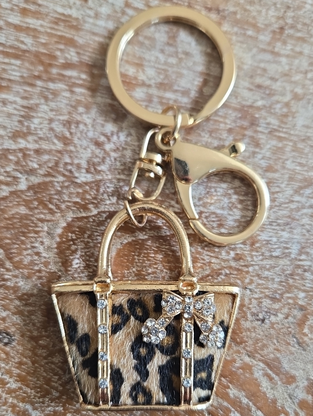 Mini Leopard Print Handbag Purse Keychain Bag Charm Rhinestone Bow (BIN 011)